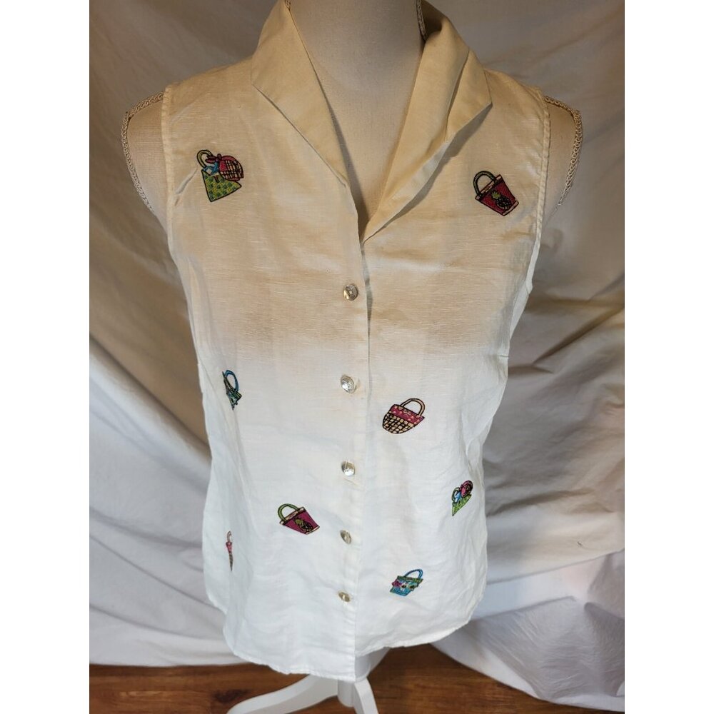 Richard Malcolm Top Small White Sleeveless Button Up‎ Embroidered  Linen Purses